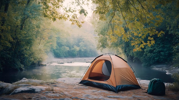 A tent nestled by the river in a forest, providing the ultimate escape photo
