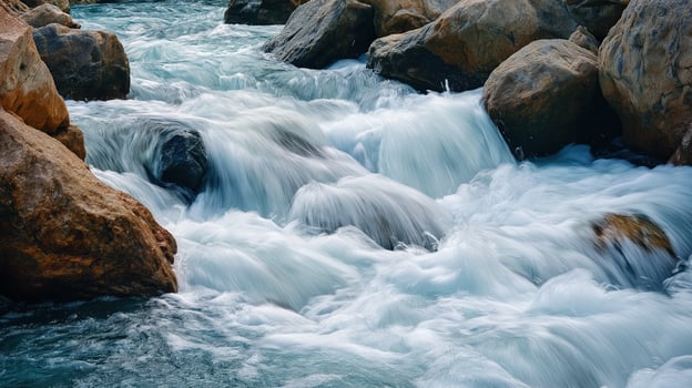 Clear mountain stream cascades rapidly between large boulders photo
