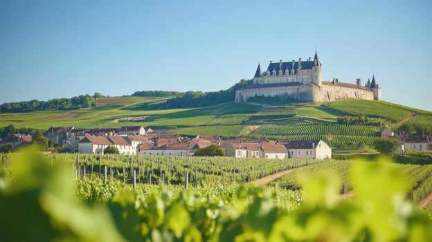 Landscape view of vineyard with castle on the hill. Green vineyard rows leading to village and building. Summer day with clear blue sky. photo
