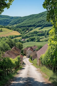 Rural road view. Village path winding through houses and green hills. Countryside landscape with vineyards, trees and blue sky. Scenic rural journey. photo