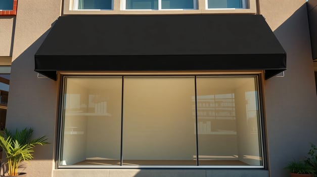 A black awning is on the front of a building photo