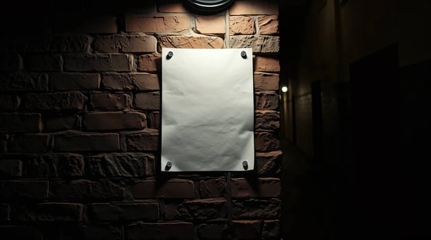 A white paper is hanging on a brick wall photo