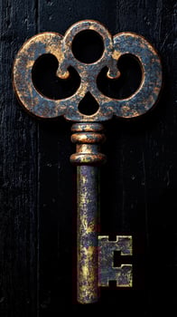 Antique decorative key with ornate design on dark background photo