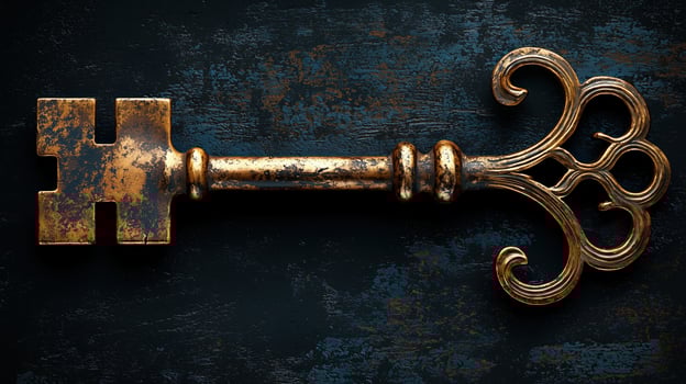 Vintage ornate key with intricate design on dark textured background photo