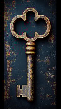 Antique decorative key with ornate design on a textured dark background photo