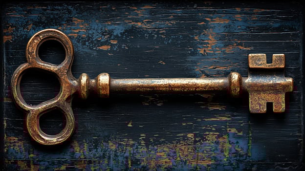 Antique key on textured blue and black background photo