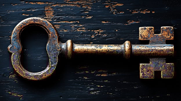 Vintage key on dark wooden surface with worn texture photo