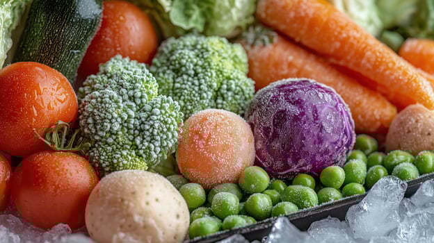 Colorful array of frozen vegetables including broccoli, carrots, peas, and tomatoes on a bed of ice photo