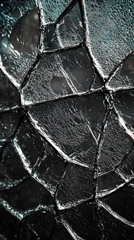 Close-up of shattered glass surface with intricate crack patterns and reflections photo