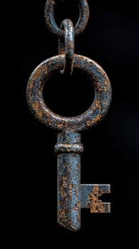 Rusty vintage key hanging on a chain, showcasing weathered texture and aged metal surface photo
