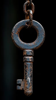 Close-up of a vintage rusty metal key hanging on a dirty chain against a dark background photo