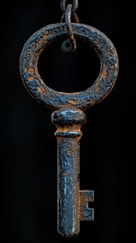 Rusty vintage key hanging from a chain with a dark background photo