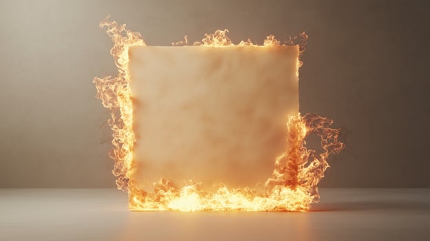 Burning square sheet with flames engulfing edges against a smoky background photo