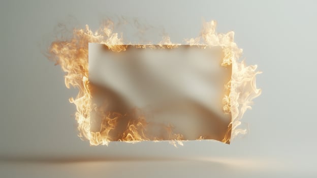 Burning paper frame surrounded by flames on white background photo