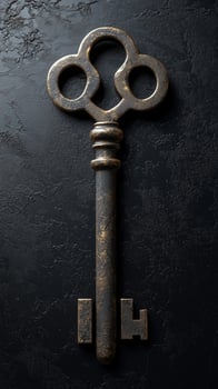 Antique ornate key on textured dark stone background photo