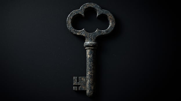 Vintage decorative key with a unique clover shape isolated on a black background photo