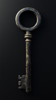 Antique key with circular handle and intricate details on black background photo