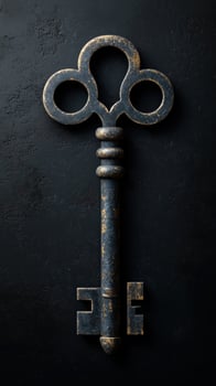 Vintage ornate key with a unique silhouette and historical design on a dark textured background photo