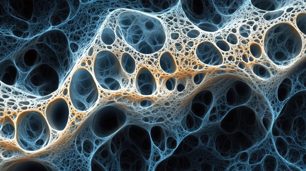 Abstract 3d render of blue and orange fractal wave with bubble-like structures photo