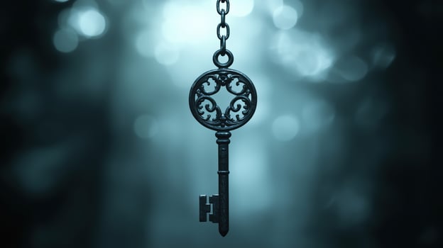 Vintage ornate key hanging on a chain with blurred background in blue tones photo