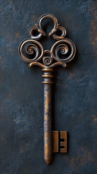 Antique ornate key with swirls and intricate design on dark textured background photo