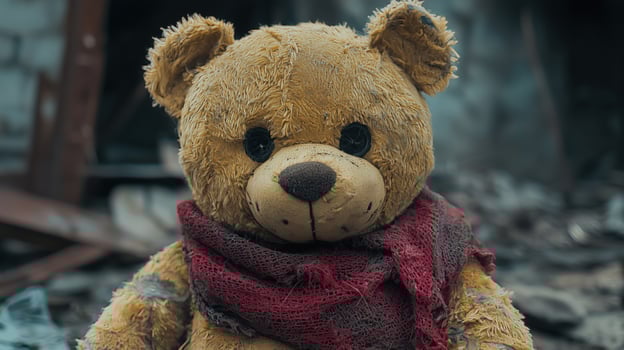 Abandoned teddy bear with worn fur and a red scarf sitting in a derelict environment photo