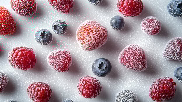 Frozen berries on a white surface. A colorful assortment of raspberries and blueberries with sugar crystals photo