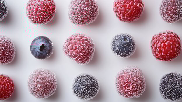 Frozen raspberries and blueberries on white background for healthy eating concepts photo