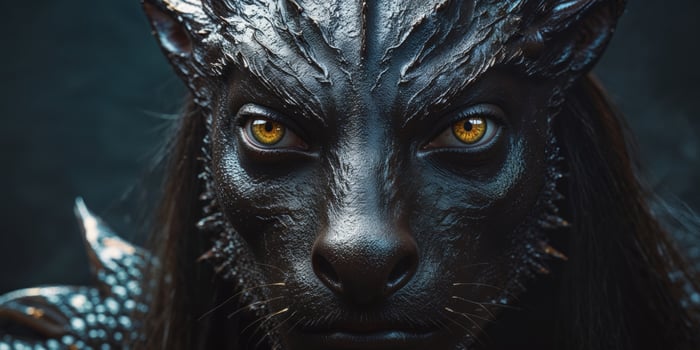 A close up of a dragon's face with yellow eyes photo