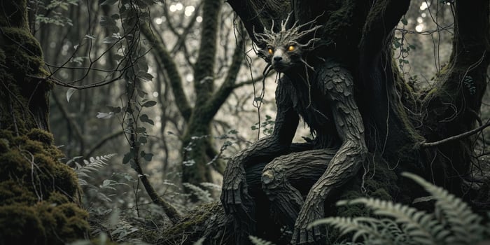 A tree with a face sitting in the middle of the forest photo
