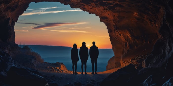Three people standing in front of a cave at sunset photo