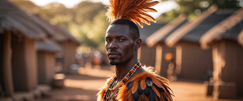 African Man Feathered Attire Village Ceremony photo