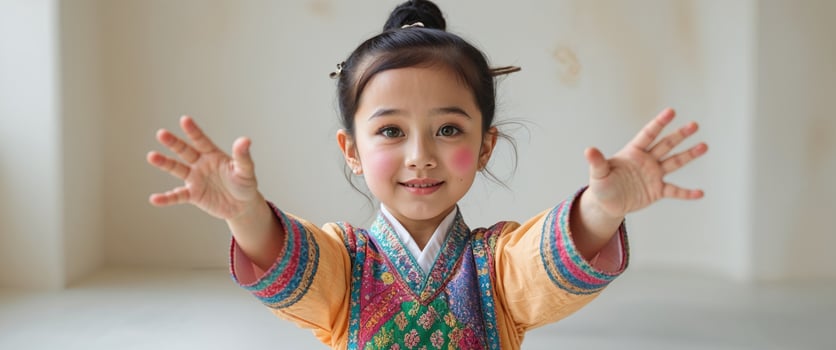 Animated Girl In Traditional Outfit With Extended Hands. photo