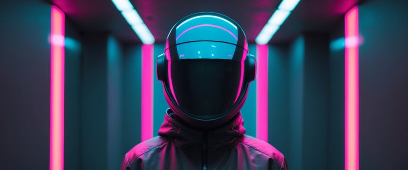 Futuristic Helmet Neon Corridor Person Cyberpunk Style photo