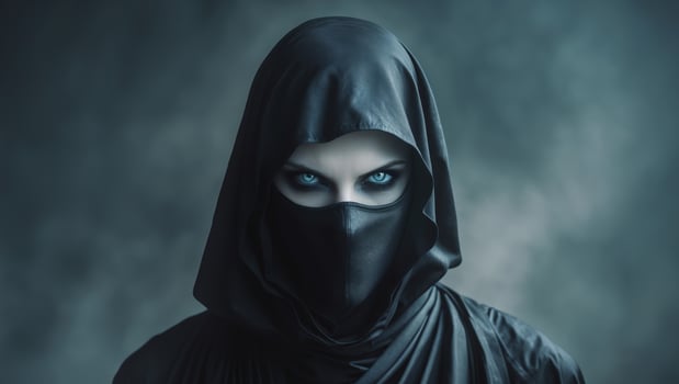 A woman in a black hood with blue eyes photo