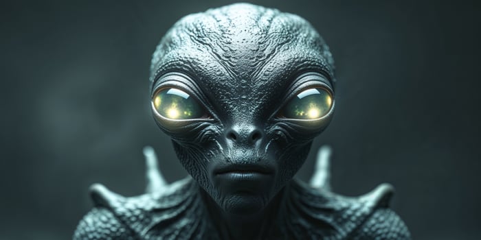 An alien with glowing eyes is shown in this image photo