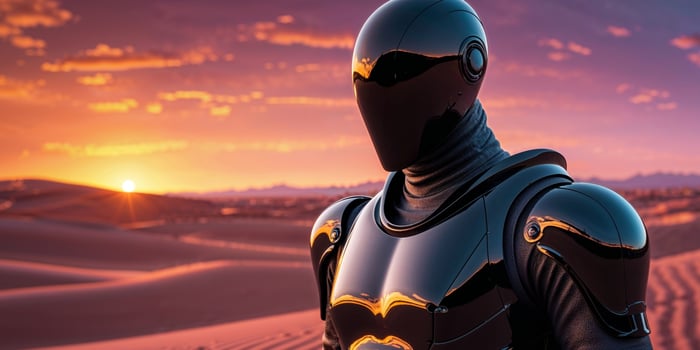 mysterious figure in sleek black armor stands in desert landscape at sunset photo
