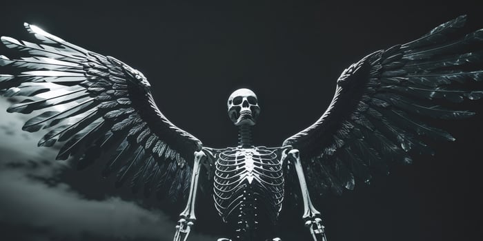 Dark setting with a metallic skeleton sculpture featuring wings photo