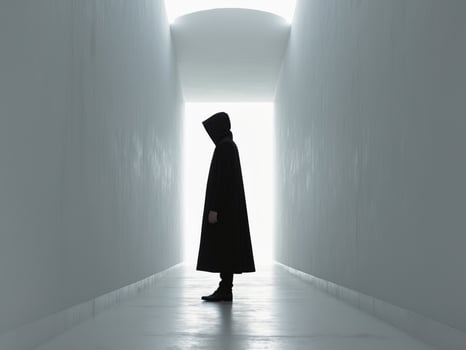Person wearing black hooded cloak standing dark corridor Figure in Empty photo