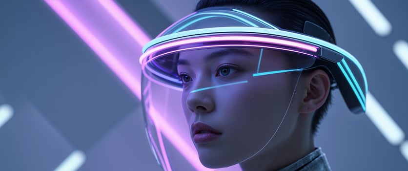 Futuristic visor helmet with neon glow on person in modern technology setting photo