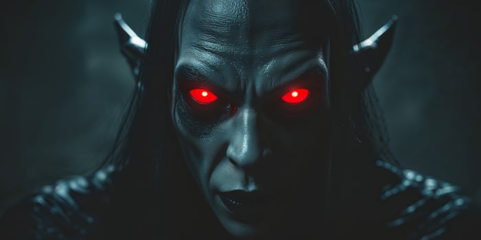 Sinister Creature with Glowing Red Eyes in Dark Setting photo
