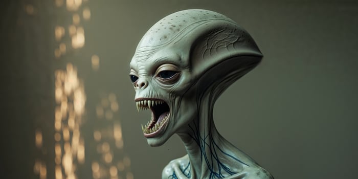 A strange looking alien with a large head and a mouth with sharp teeth photo
