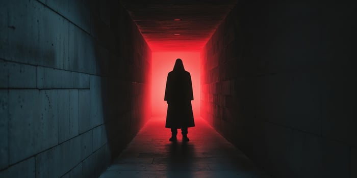 Mysterious Figure in Dark Corridor with Red Light Effects photo