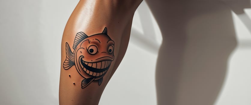 A tight shot of an individual's leg showcases a tattoo of a grinning fish photo
