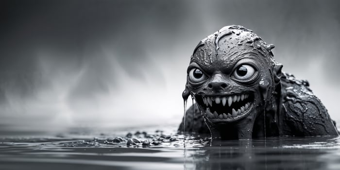 Mud Creature Emerging from Water with Big Eyes and Teeth. photo