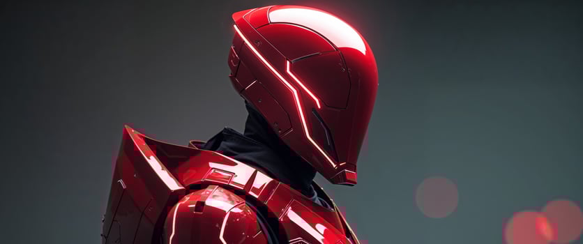 Red futuristic armored figure with neon highlights photo