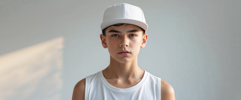 Flawless Image of Teenage Boy in White Snapback Cap and Tank Top Street Fashion Shoot. photo