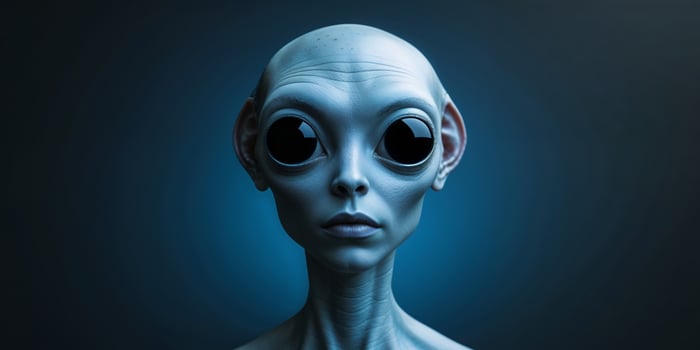 Extraterrestrial being observing with large black eyes and smooth skin. photo