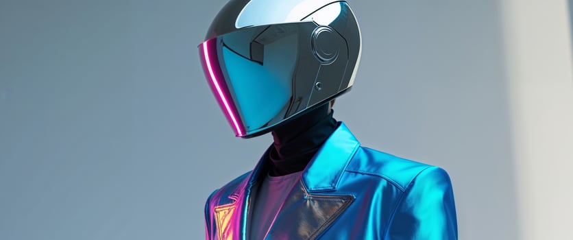 Figure with a sleek visor helmet and chromatic outfit photo