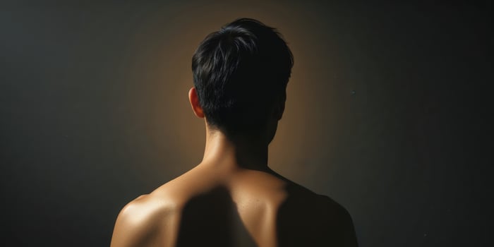 Back View of a Man Under Soft Warm Light in a Dark Setting. photo